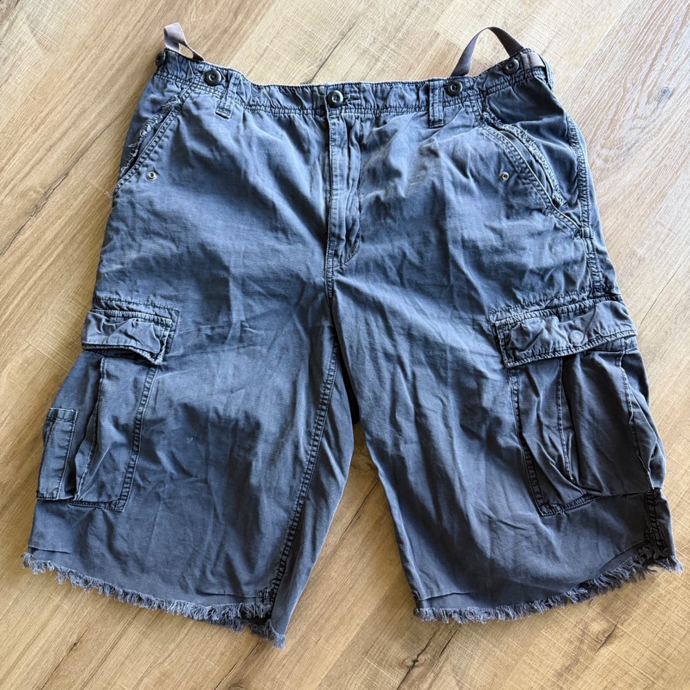 VTG Polo Jeans Co Ralph Lauren Mens 38 Cargo Shorts Blue Ripstop Frayed Hem